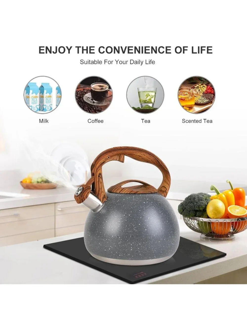 Gray Kitchen Whistling Tea Kettle 100 OZ / 3 L Stainless Steel Stovetop Teapot